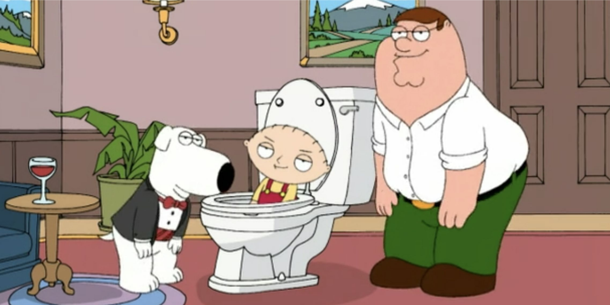 Brian et Peter debout avec Stewie, qui est assis dans des toilettes.