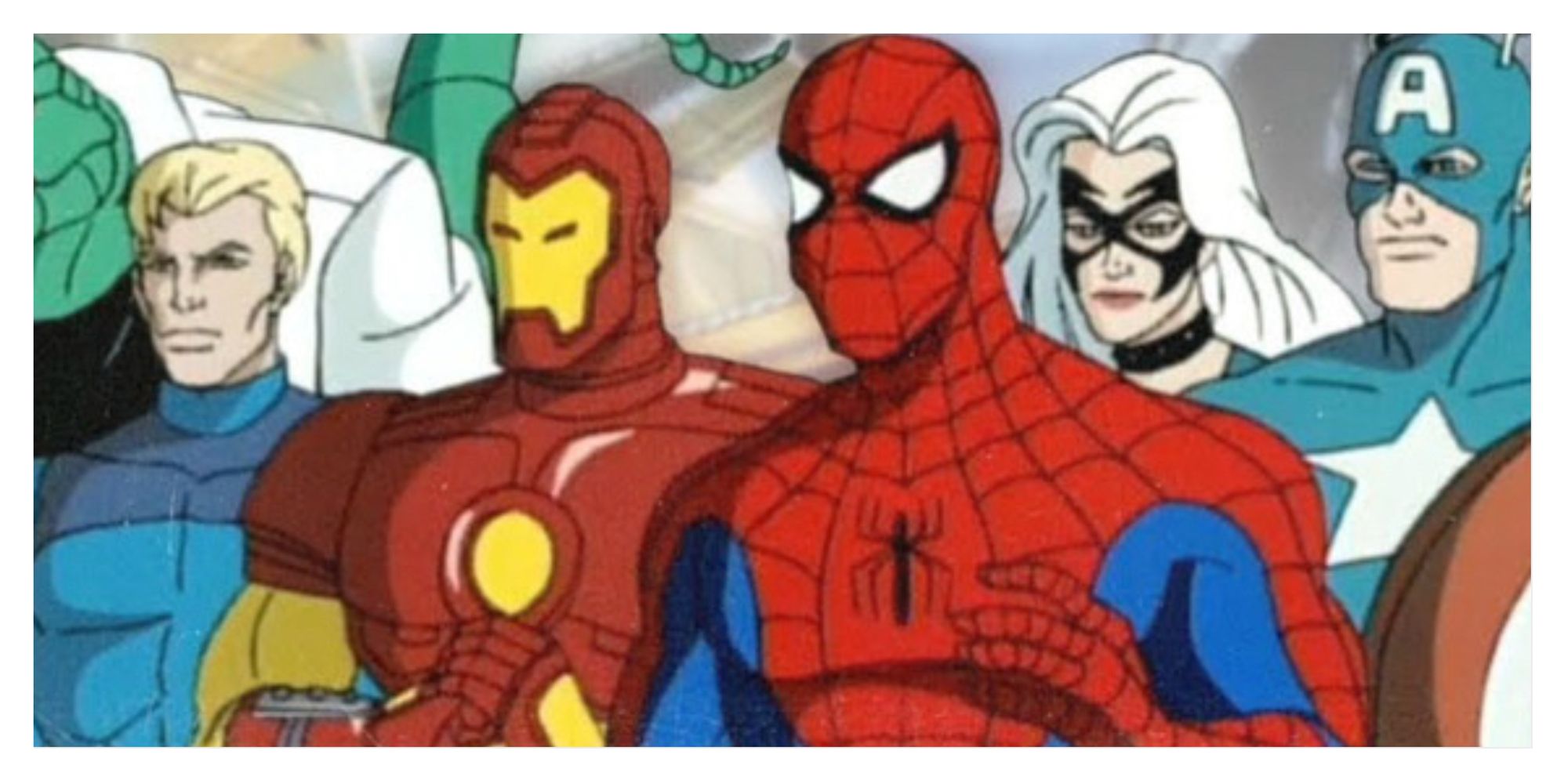 Lizard, Johnny Storm, Iron Man, Spider-Man, Black Cat, Captain America (left to right)
