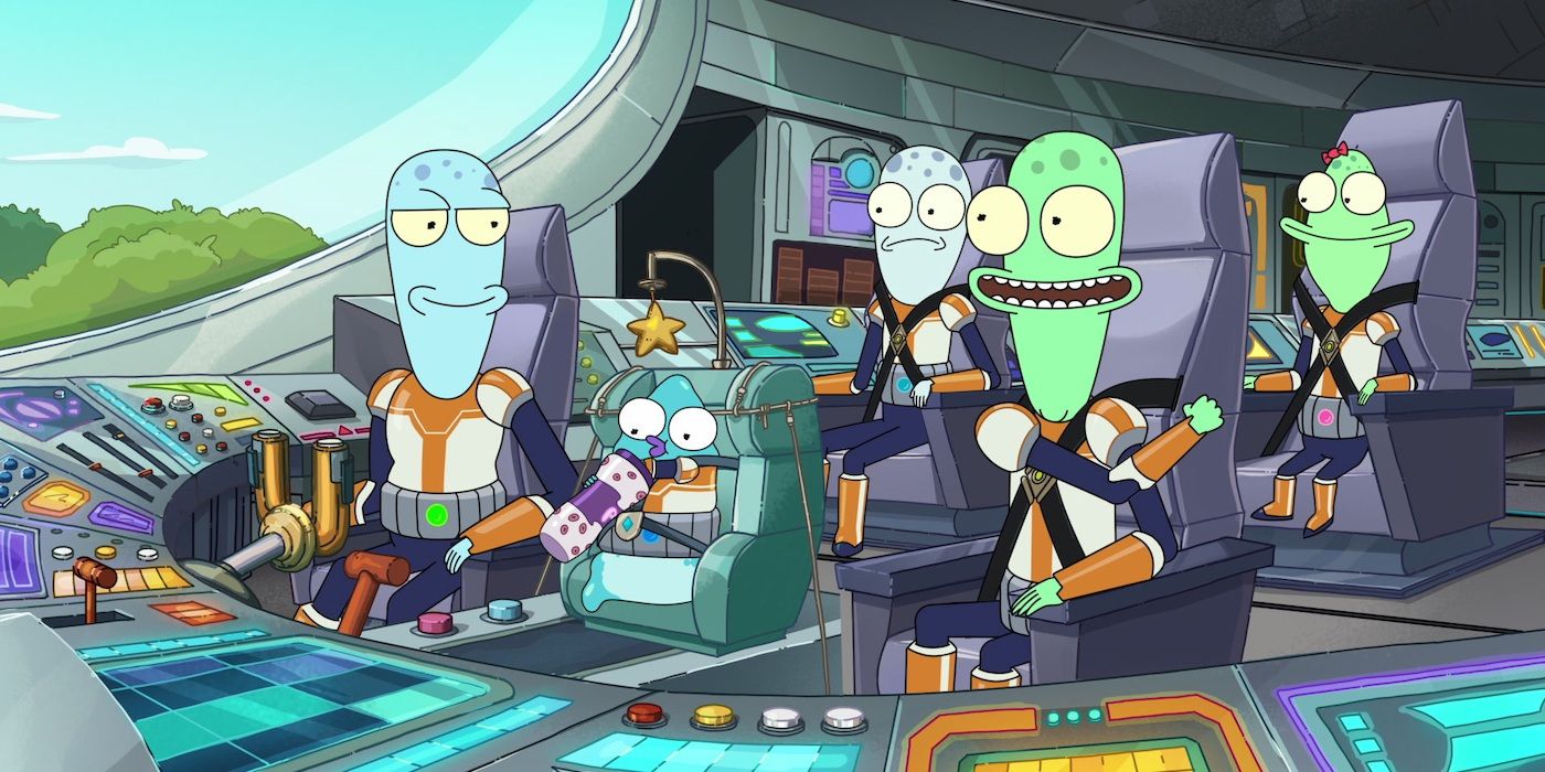 Characters Korvo (Justin Roiland), Terry (Thomas Middleditch), Yumyulack (Sean Giambrone), and Jesse (Mary Mack) sitting in their spaceship in Solar Opposites
