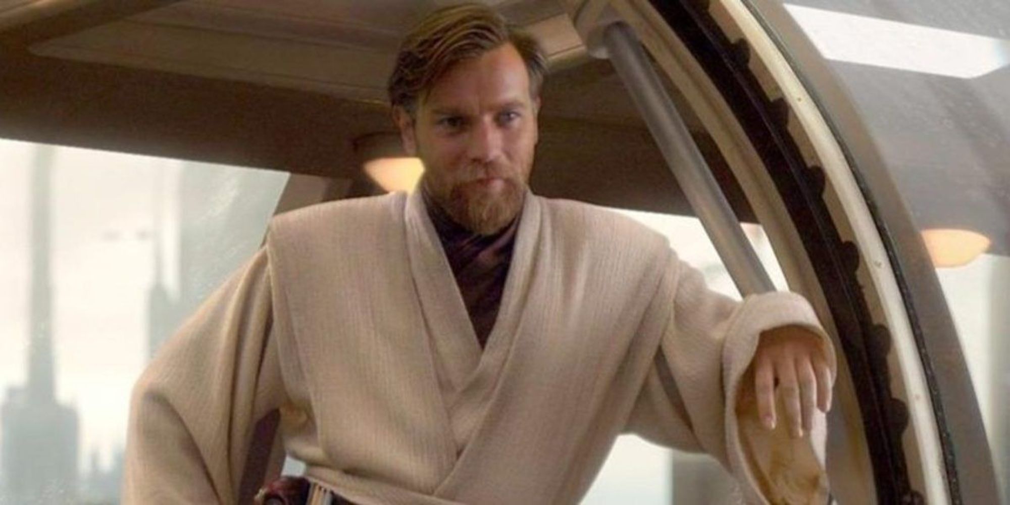 Obi-Wan Kenobi standing in a space shuttle greeting Anakin in Star Wars: Revenge of the Sith.