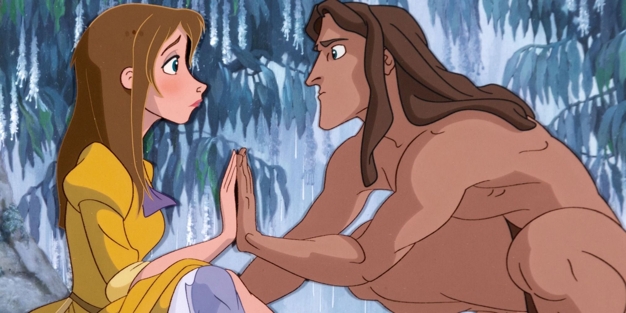 Jane and Tarzan placing their hands together 
