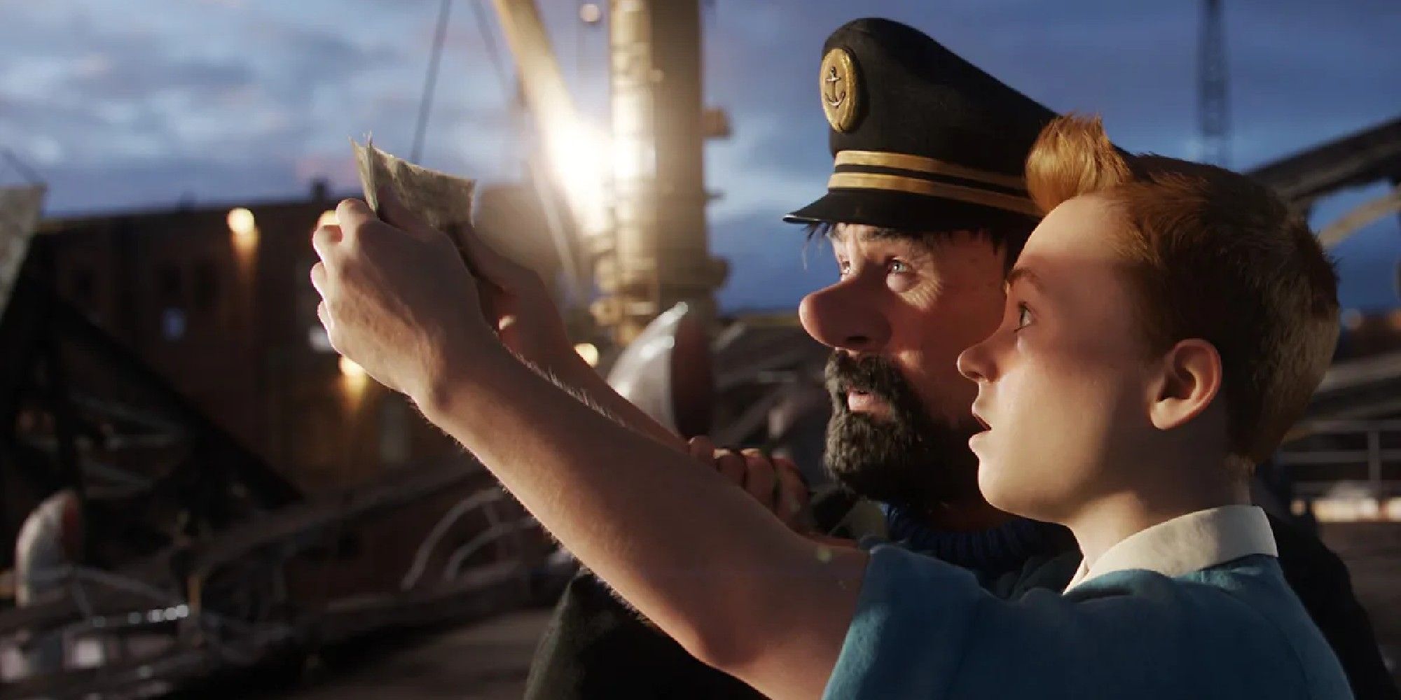 Tintin and Captain Haddock examine a map