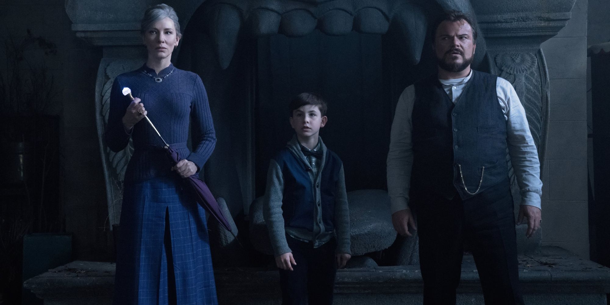 Cate Blanchett, Owen Vaccaro, and Jack Black in The House with a Clock in Its Walls
