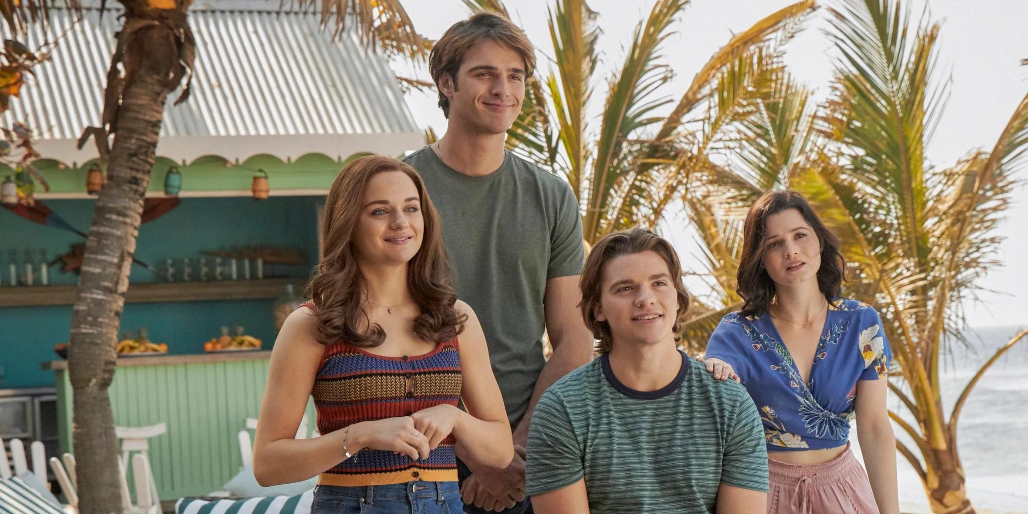 Joey King, Joel Courtney, Jacob Elordi and Meganne Young standing together at the beach