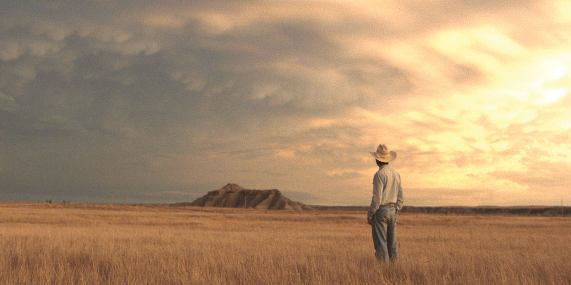A person in a cowboy hat stands in a vast prairie with storm clouds brewing in the distance in The Rider.