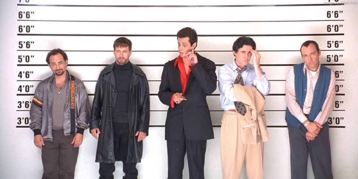 Kevin Pollak, Stephen Baldwin, Benecio Del Toro, Gabriel Byrne, and Kevin Spacey in a police line-up in the The Usual Suspects