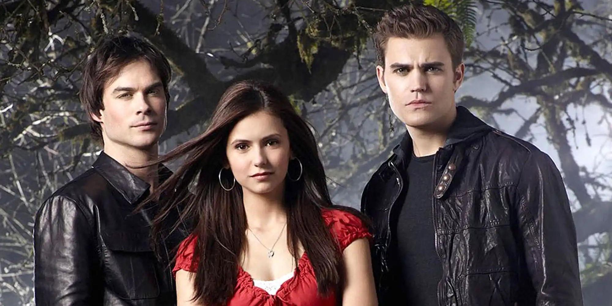 Elena, Damon and Stefan from The Vampire Diaries standing together