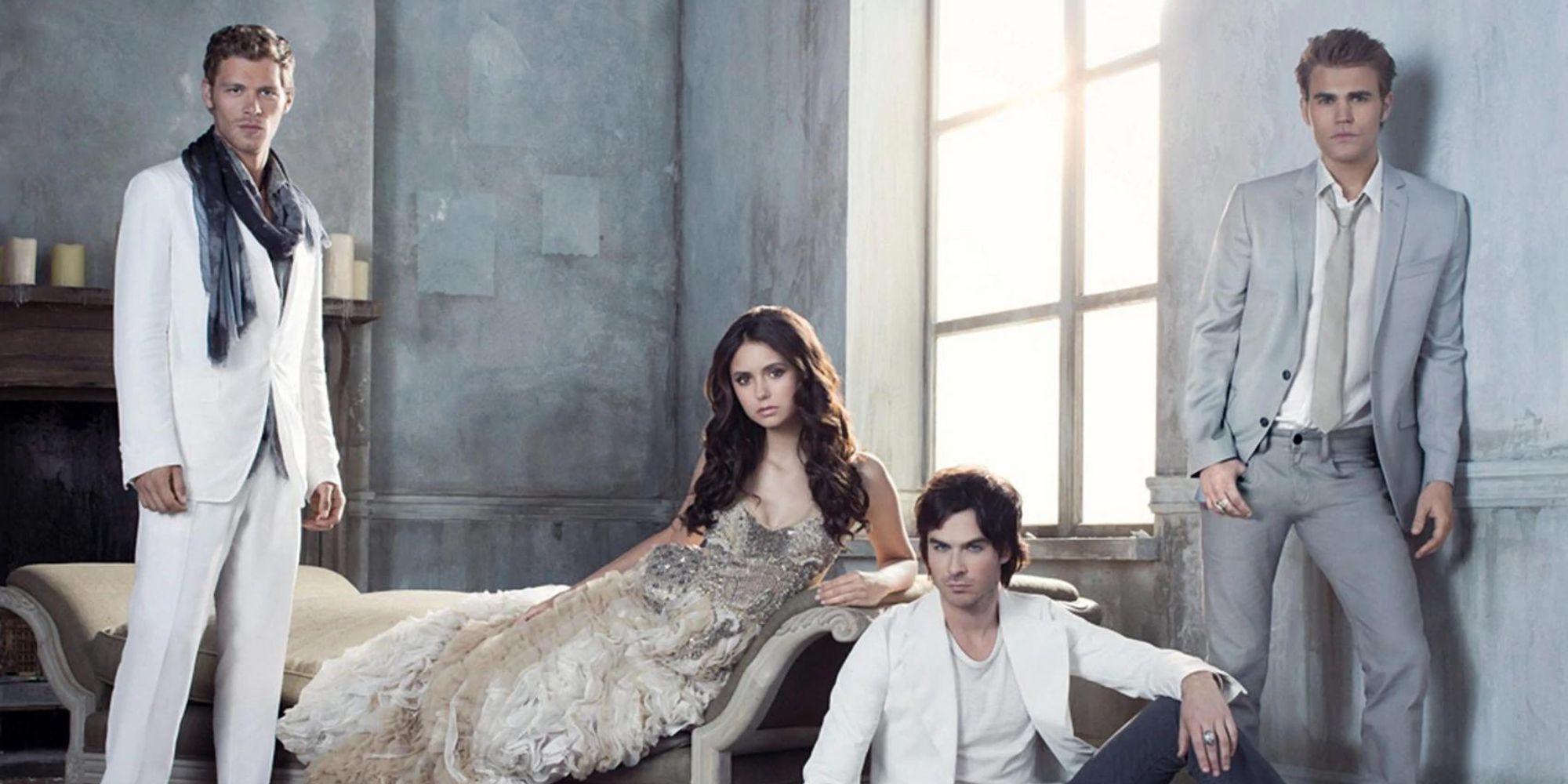Klaus, Elena, Damon and Stefan from The Vampire Diaries posing