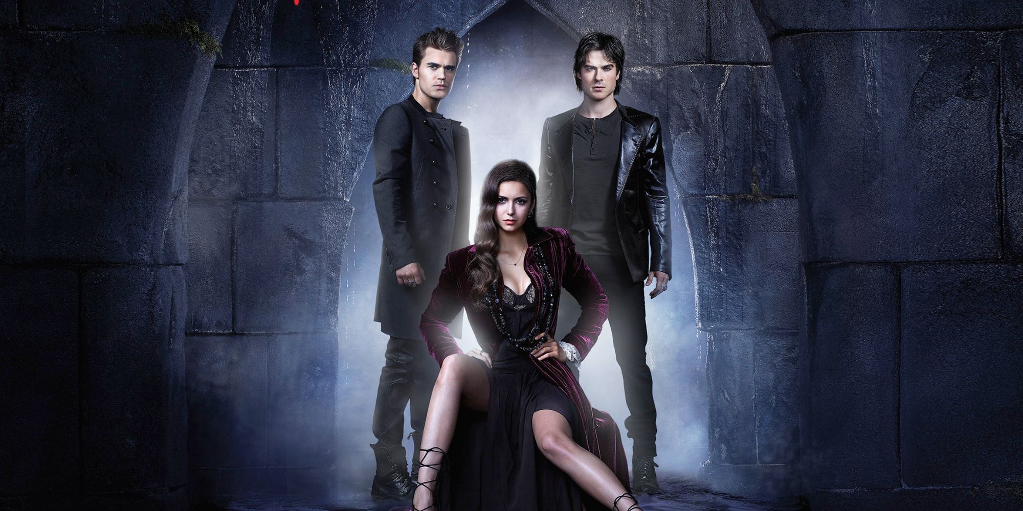 Damon, Elena and Stefan from The Vampire Diaries standing together