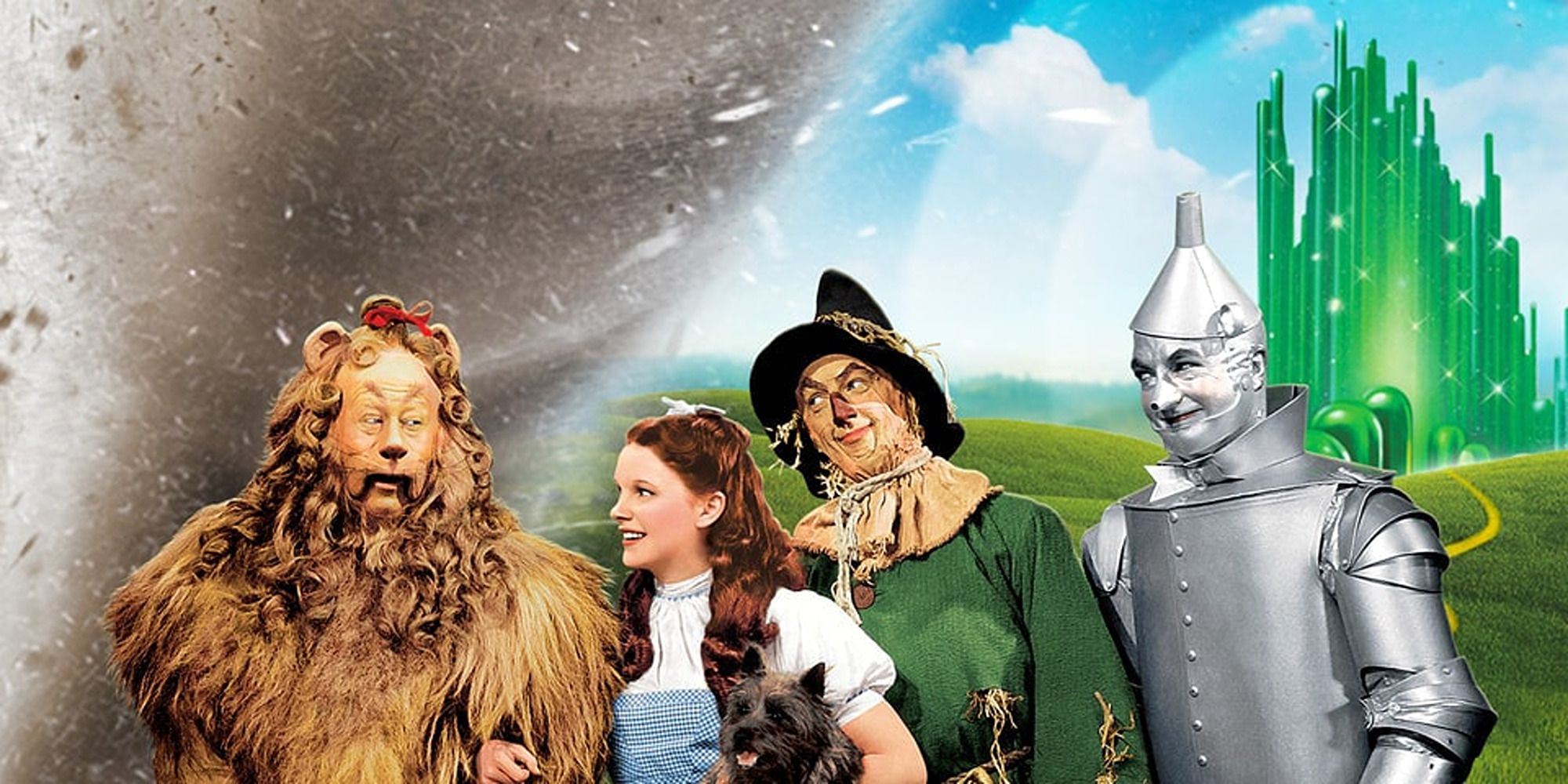 The main characters from The Wizard of Oz, looking at each other with Emerald City and a tornado in the background