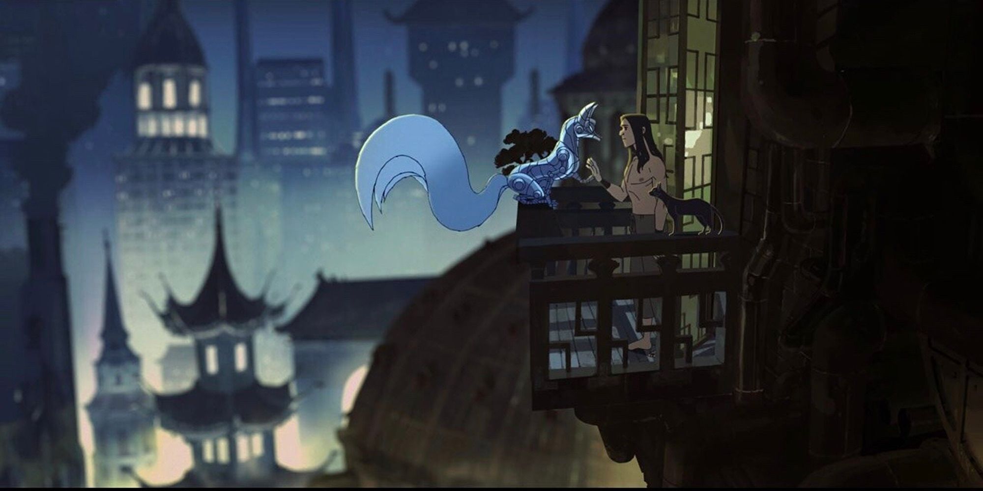 a man speaking to a shapeshifting robotic fox on his balcony from Love, Death and Robots