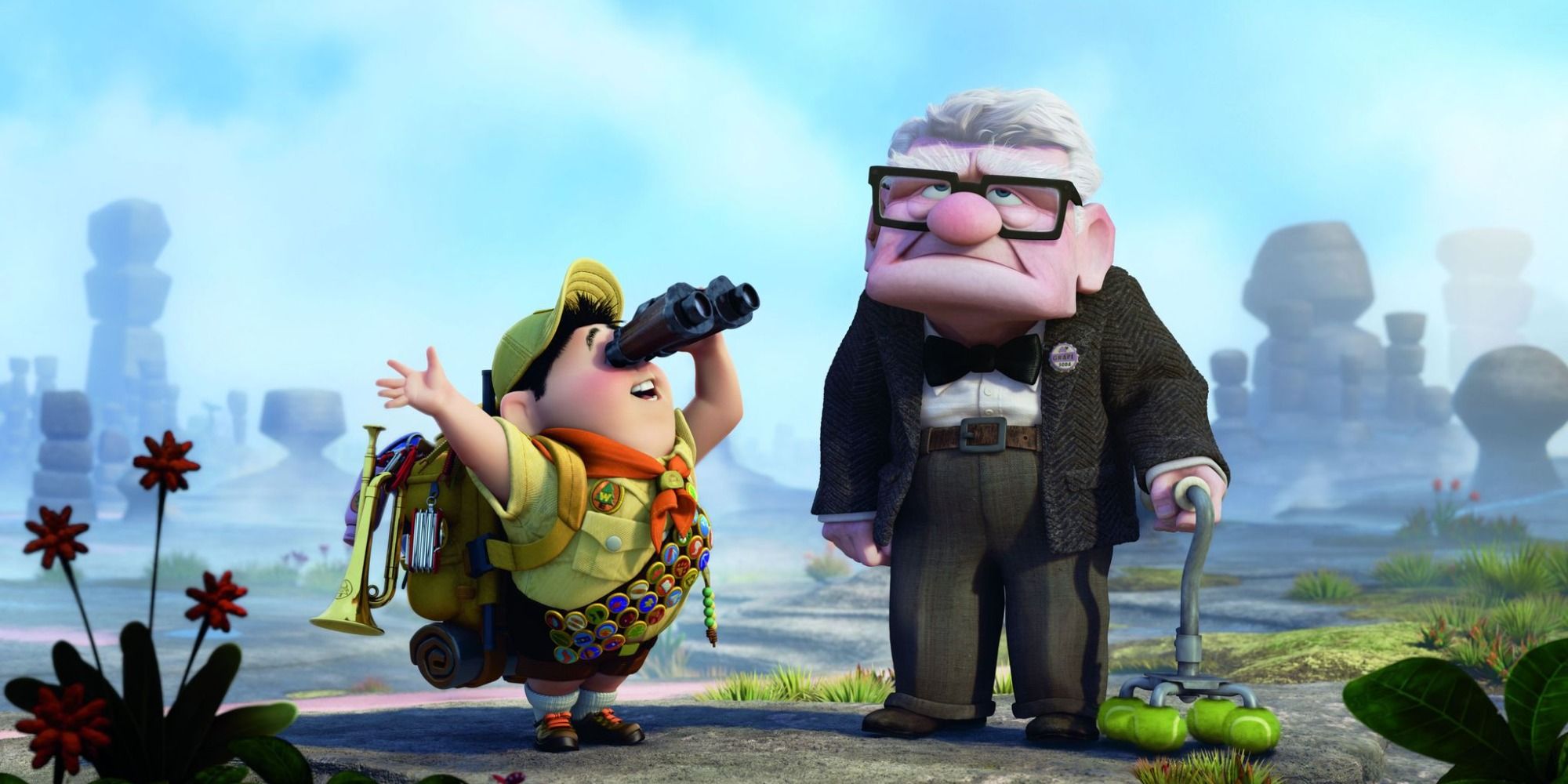 Russell is holding binoculars while Carl is rolling his eyes in Up