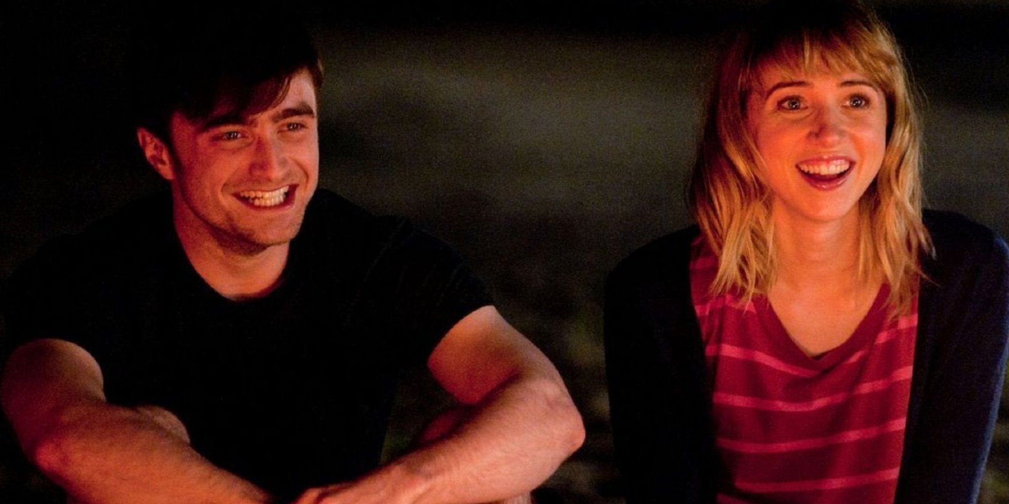 Wallace (Daniel Radcliffe) and Chantry (Zoe Kazan) smiling in What If