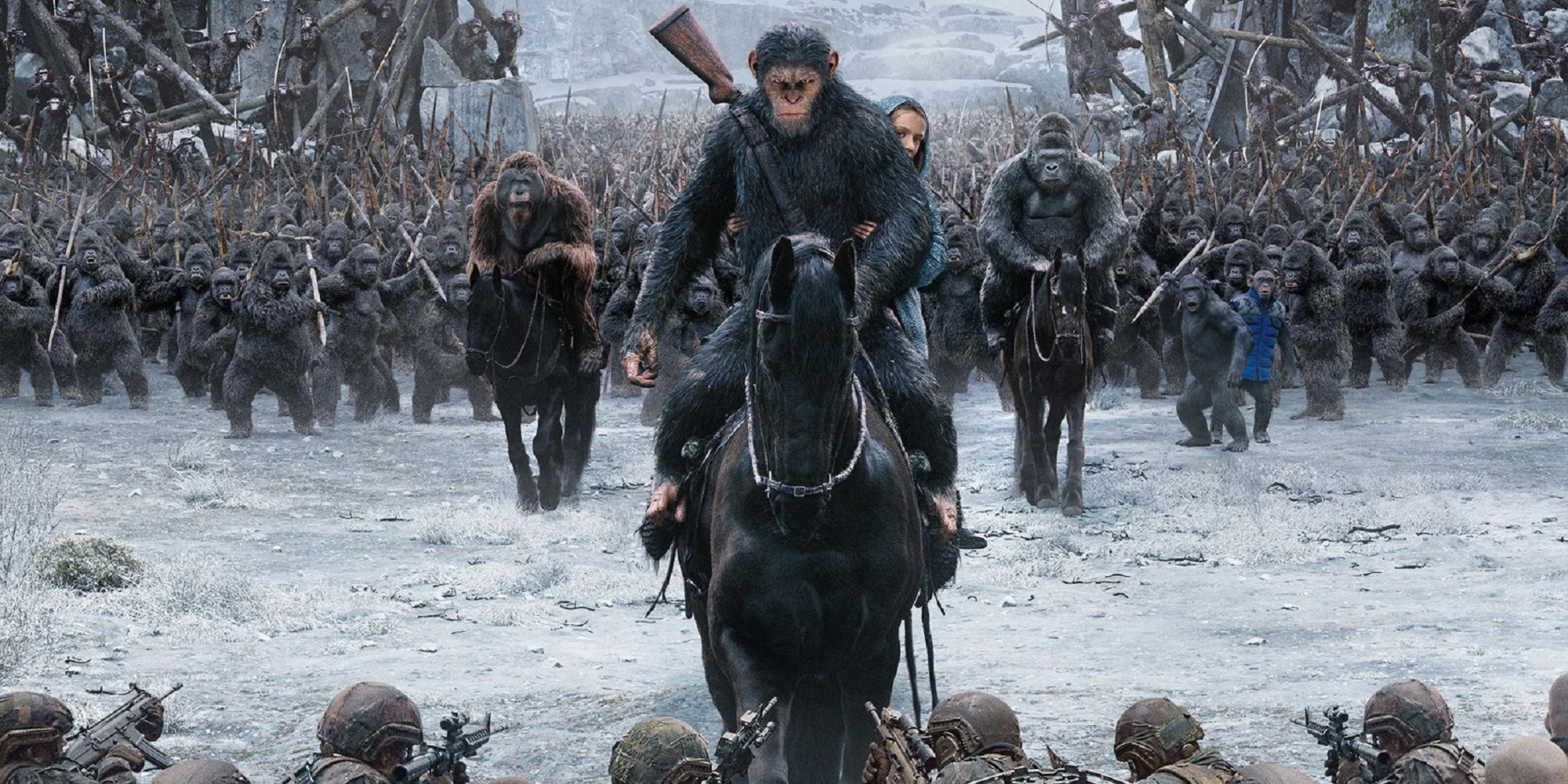 Caesar dan pasukan keranya di atas kuda dalam War of the Planet of the Apes.