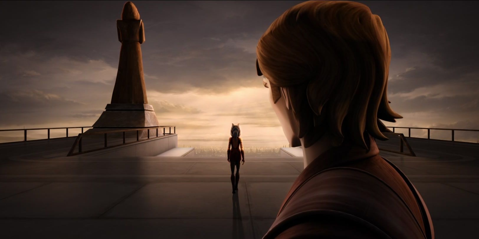 Ahsoka Tano, with her back to Anakin, leaves the Jedi Order facing the sun.