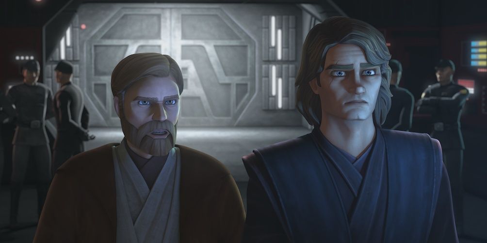 Obi-Wan and Anakin stand in a starship with shocked expressions on their faces.