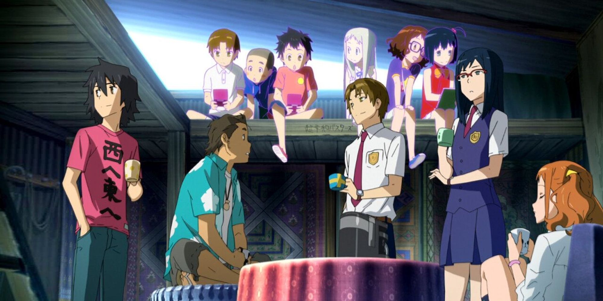 The five living members of the Anohana cast at their hideout, with their younger selves and Menma sitting over them.