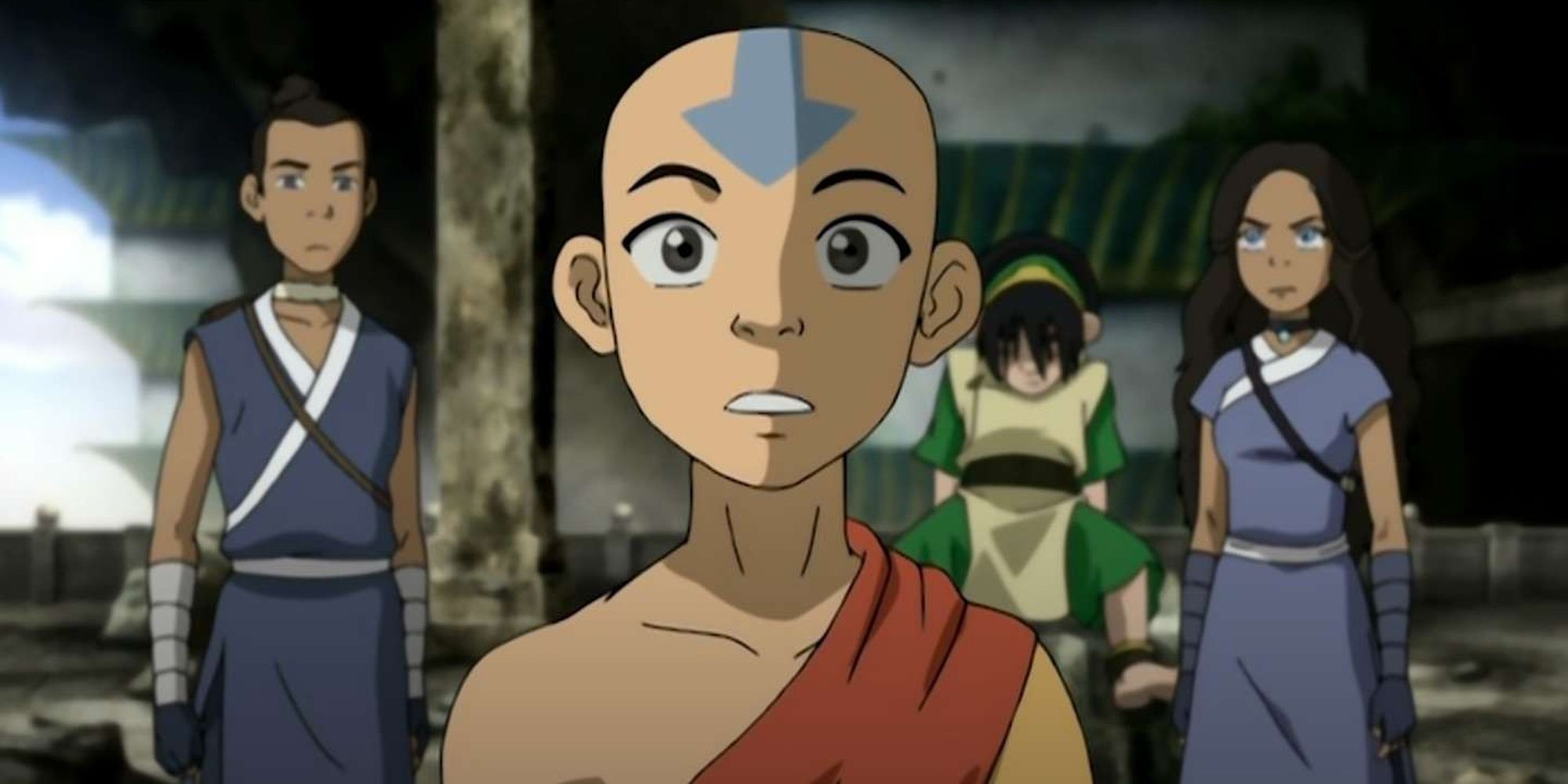 Avatar Aang with his friends at his back.