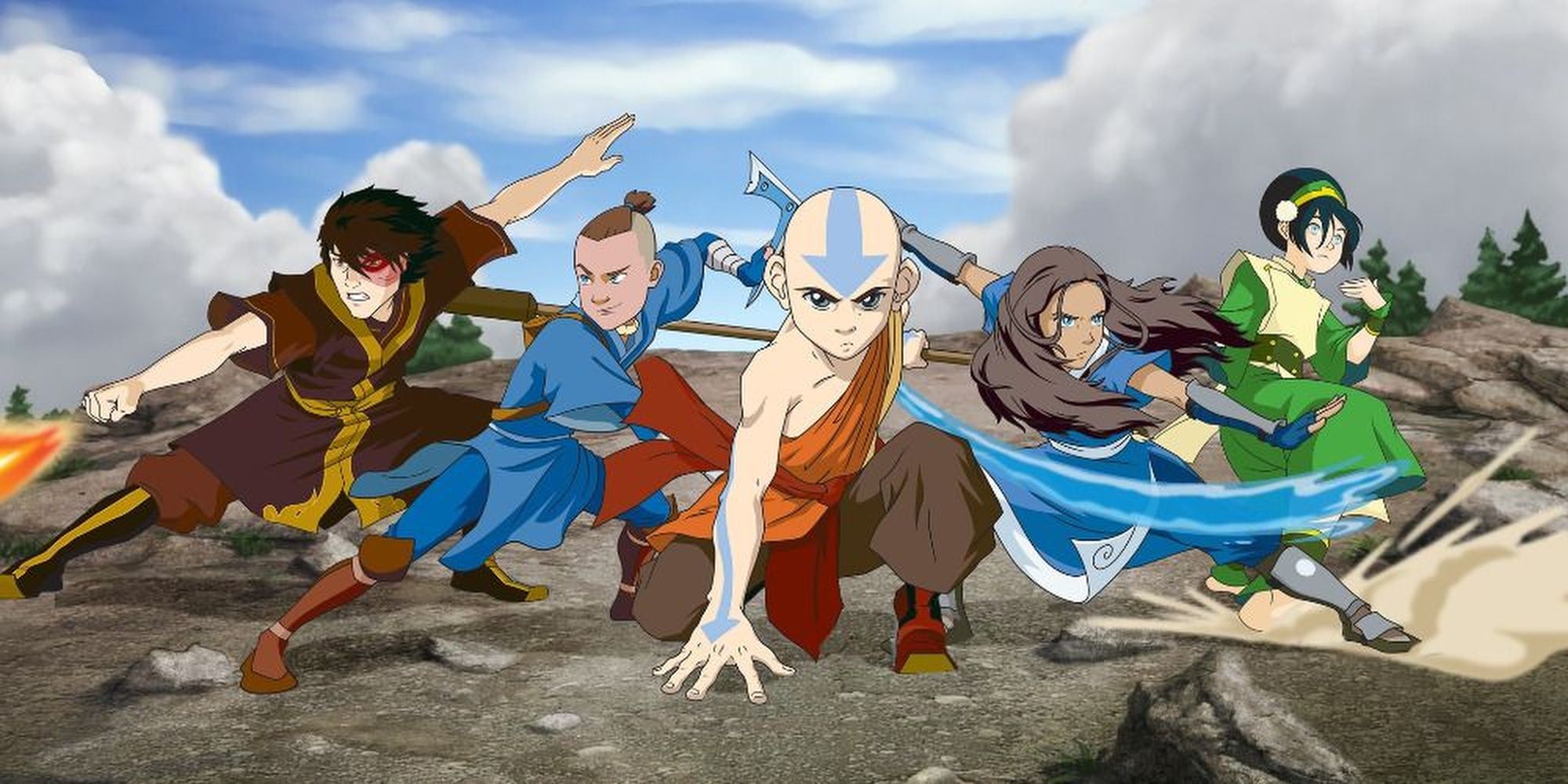 Les acteurs principaux d'Avatar : Le dernier maître de l'air dans des poses d'action.