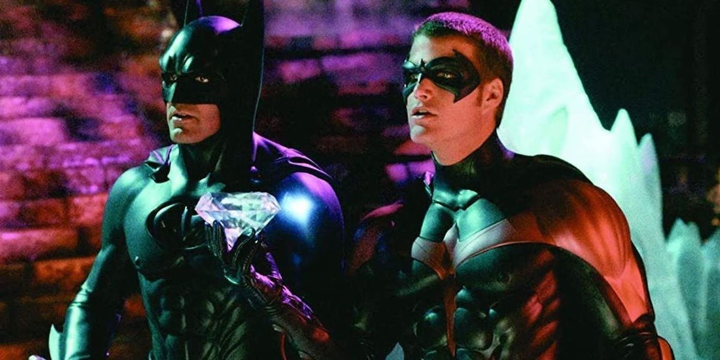 George Clooney and Chris O'Donnell as Batman and Robin looking in the same direction in Batman & Robin.