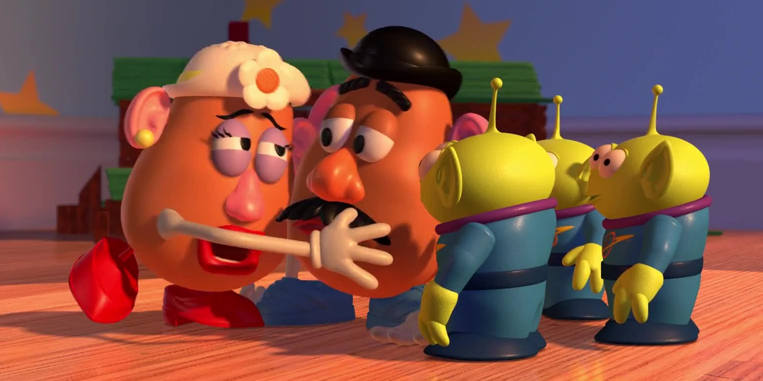 Mr. and Mrs. Potato Head adopting the Little Green Men in Toy Story 2