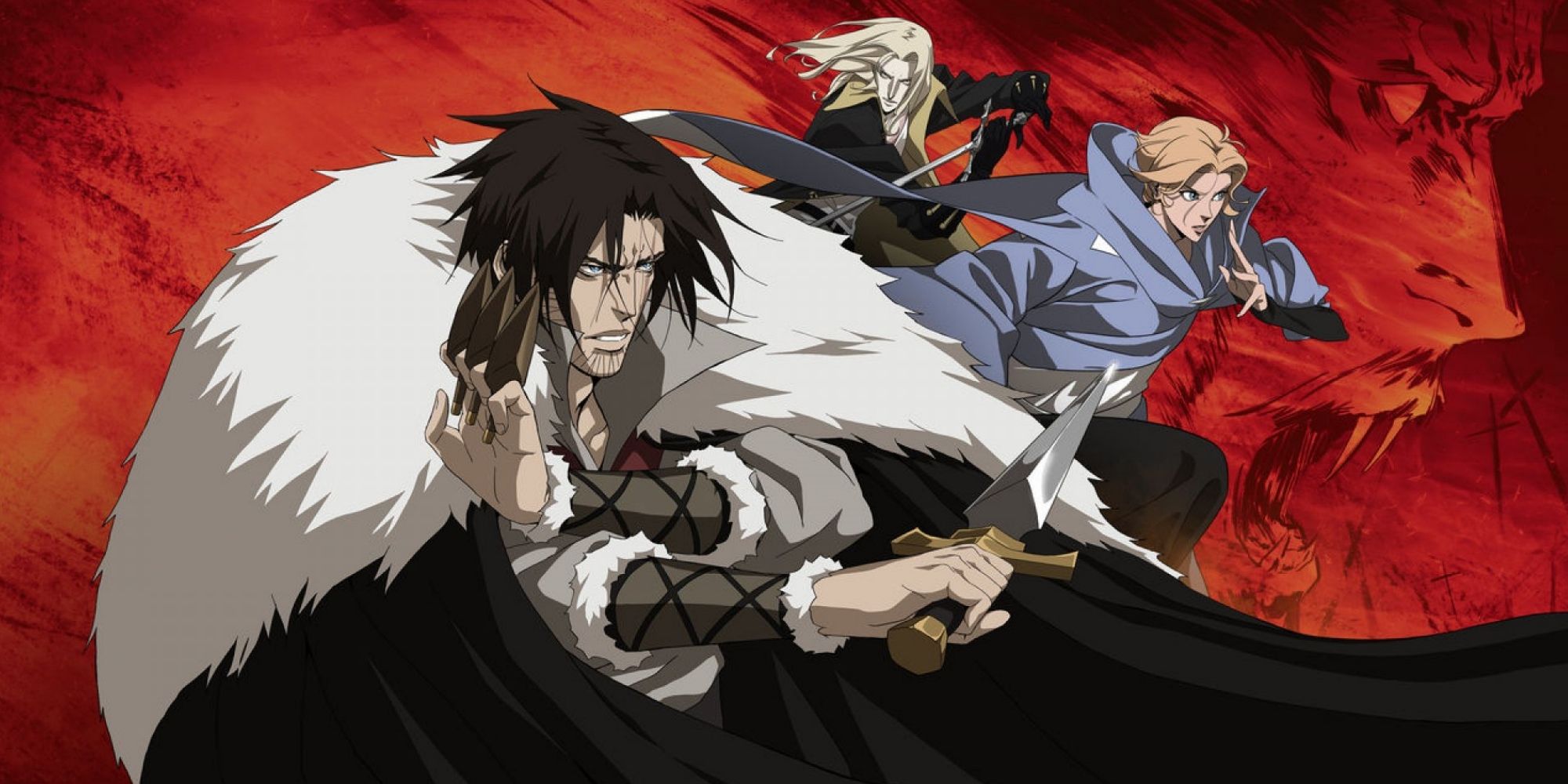 Promotional poster for 'Castlevania' showing Trevor Belmont, Sypha Belnades and the Alucard, ready for battle