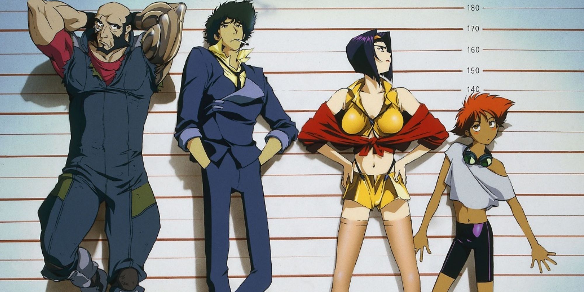 Promotional poster for 'Cowboy Bebop' showing a police lineup of the Bebop crew