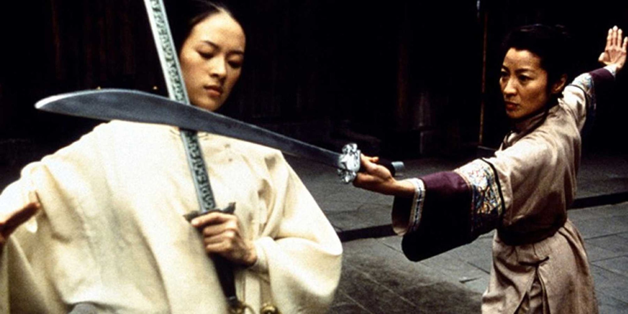 Zhang Ziyi and MIchelle Yeoh as Jen Yu and Yu Shu Lien during a sword fight in Crouching Tiger Hidden Dragon