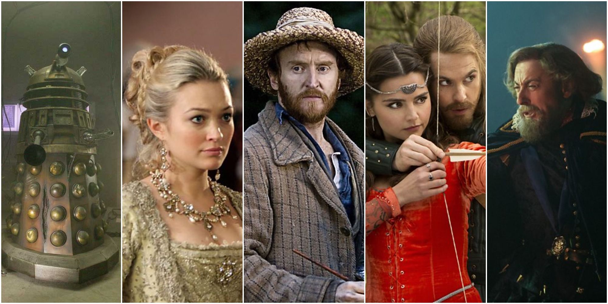 Split picture containing stills from Dalek, The Girl in the Fireplace, Vincent and the Doctor, Robot of Sherwood, and The Witchfinders