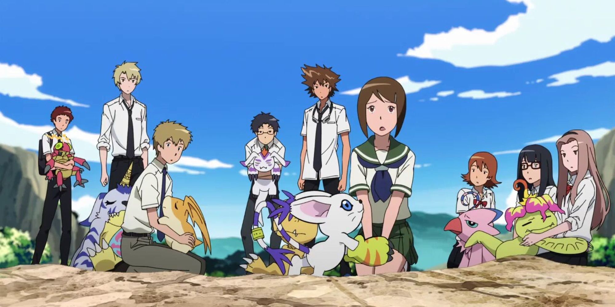 The original eight DigiDestined with their Digimon partners and Meiko.