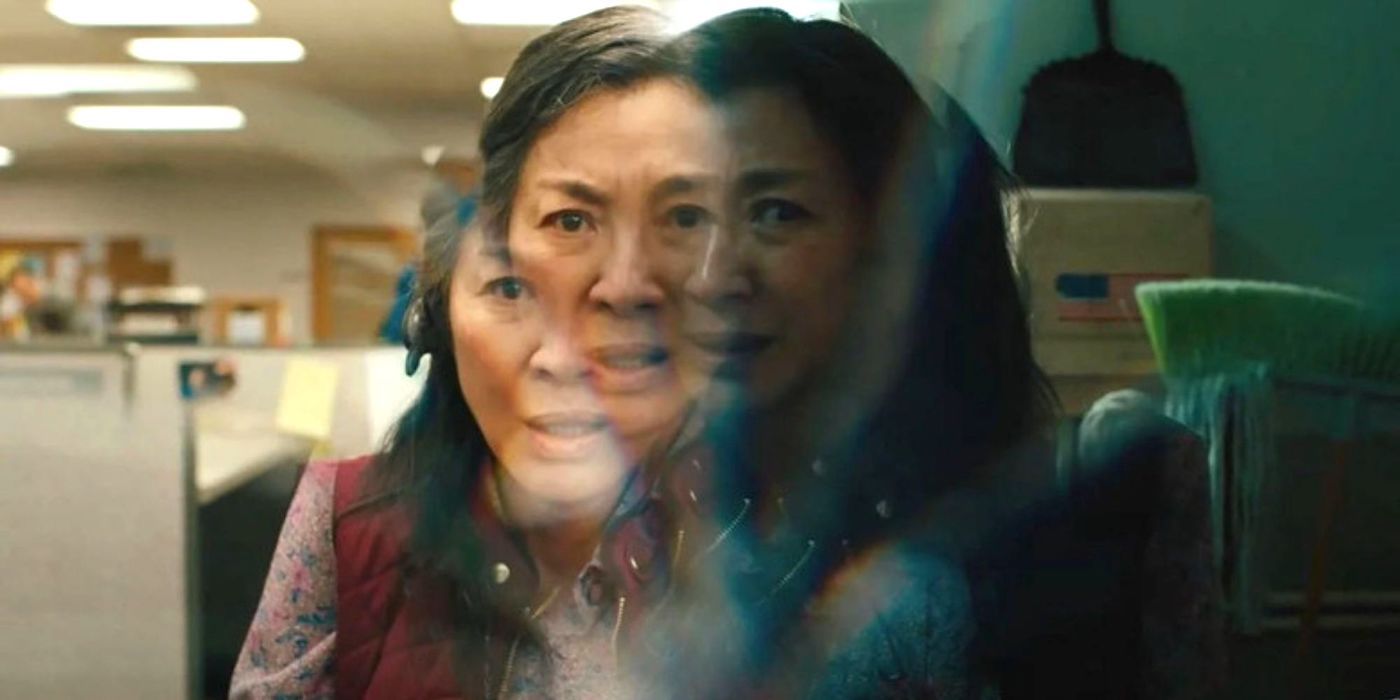 Evelyn Quan Wang's (Michelle Yeoh) reality fractures in 'Everything Everywhere All at Once'.