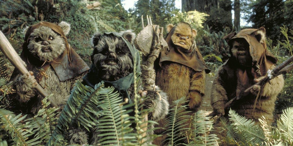 A group of lovable Ewoks in Return of the Jedi