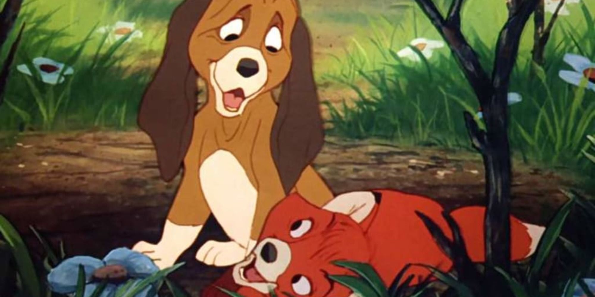 Fox and the Hound smiling at each other 