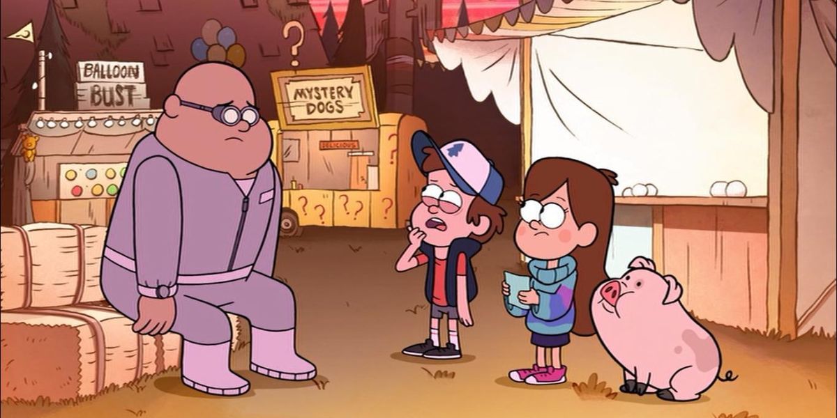 Characters from Gravity Falls standing in a fair