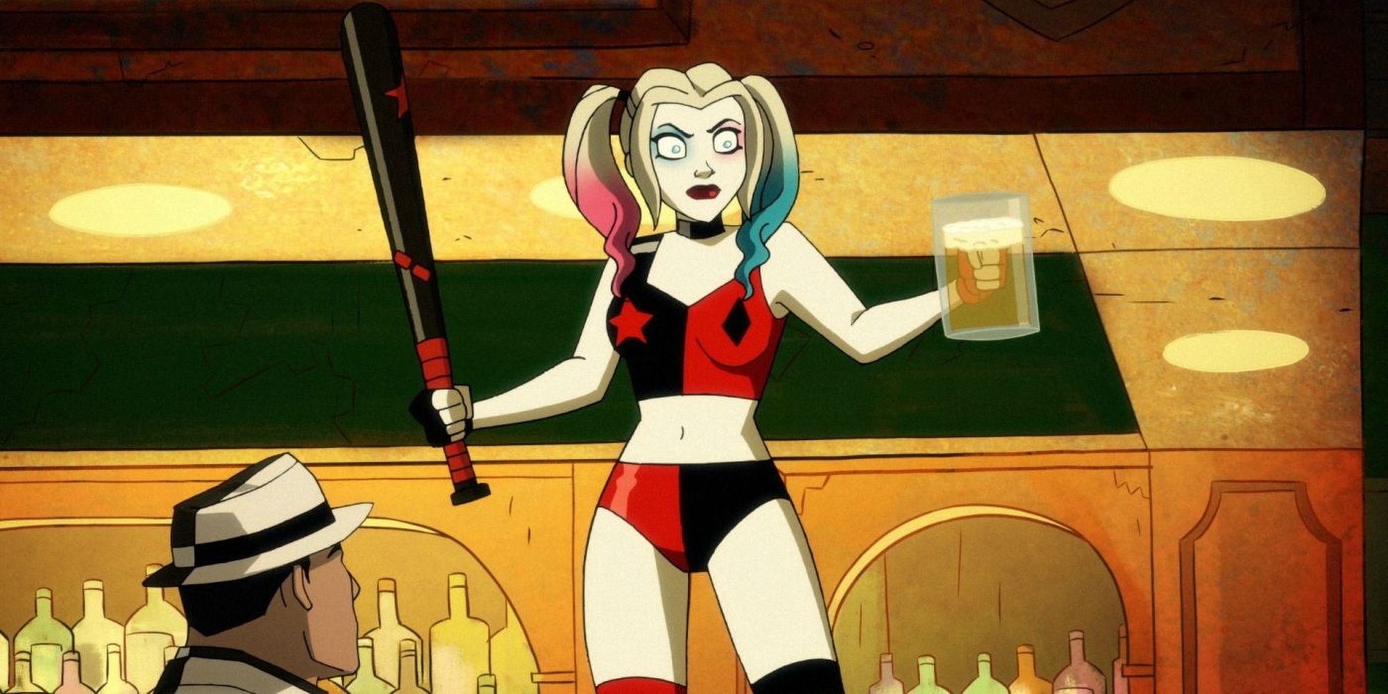 Harley Quinn brandishing her bat and a drink in a bar.