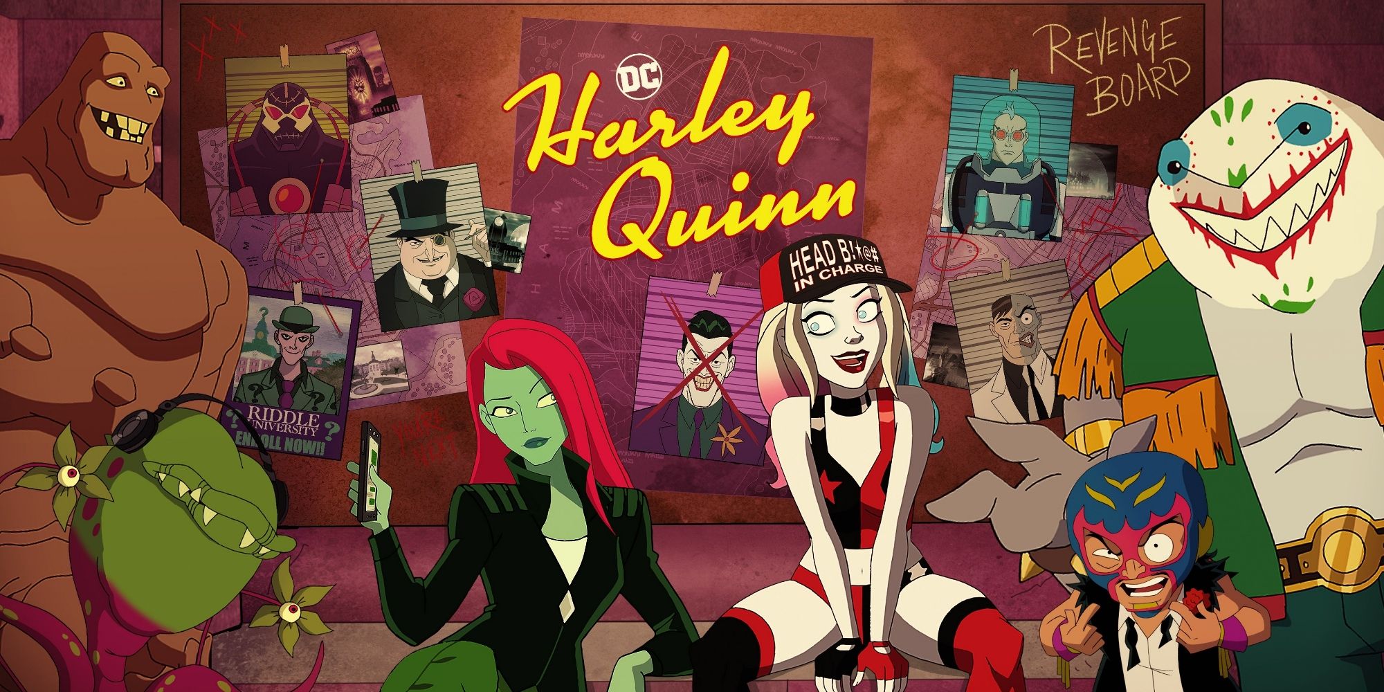 Promotional poster for 'Harley Quinn' showing Harley, Poison Ivy, Clayface, King Shark, Doctor Psycho, Sy Borgman and Frank the Plant sitting on a couch