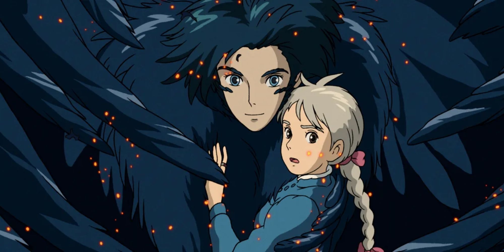 Howl protects a surprised Sophie in his bird form in Howl's Moving Castle