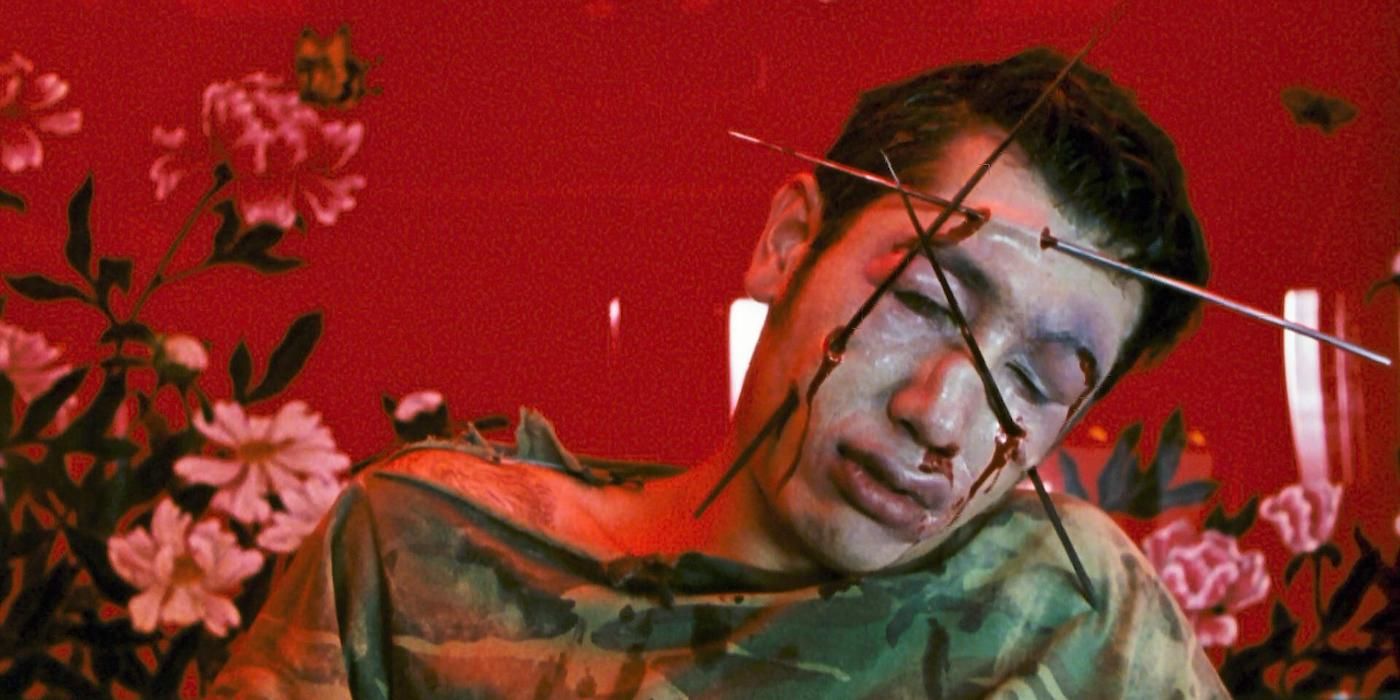 A young man with needles across his face in the movie Ichi the Killer.