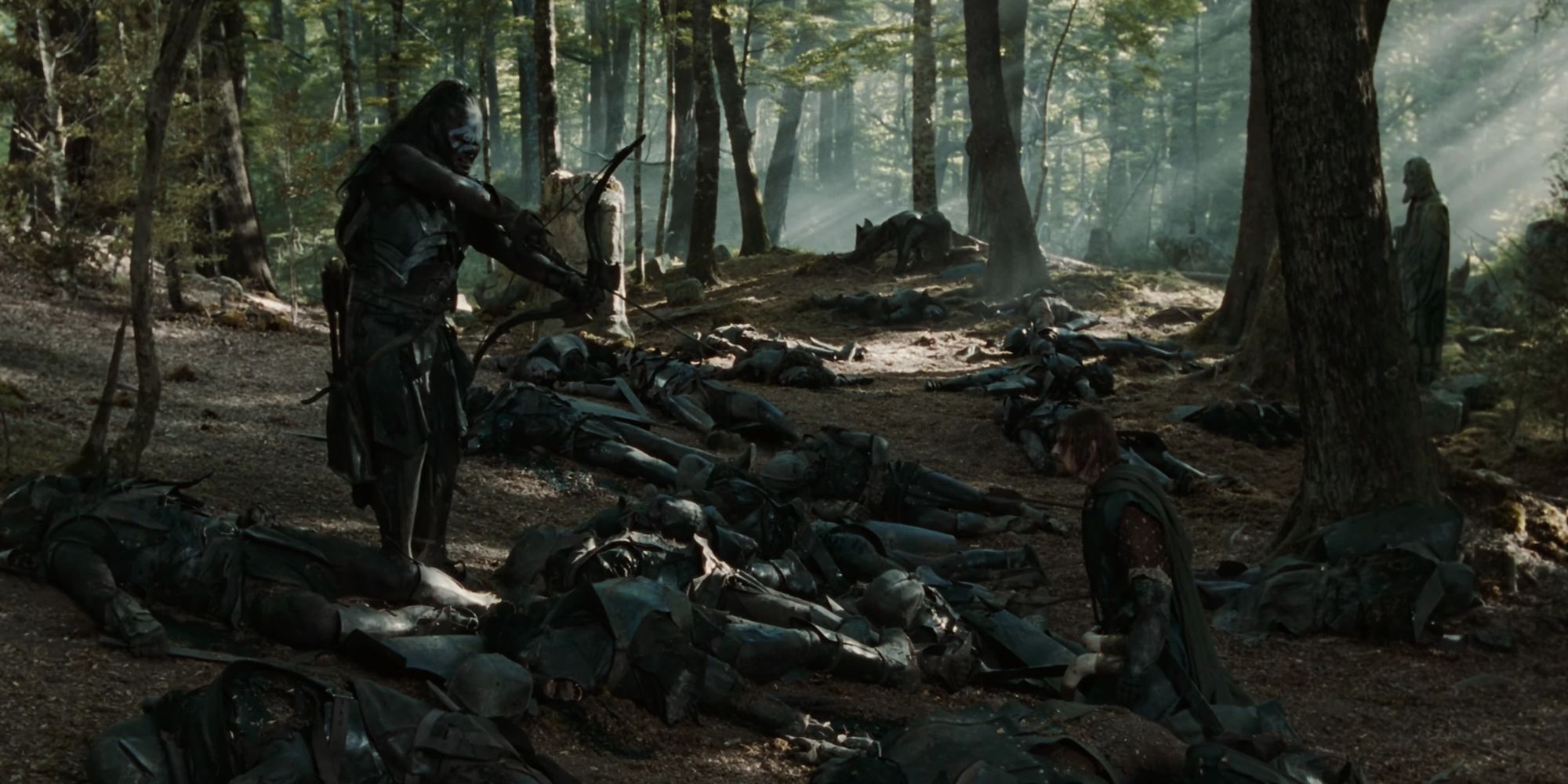 Lurtz taking aim with his bow and arrow at Boromir in Lord of the Rings: Fellowship of the Ring