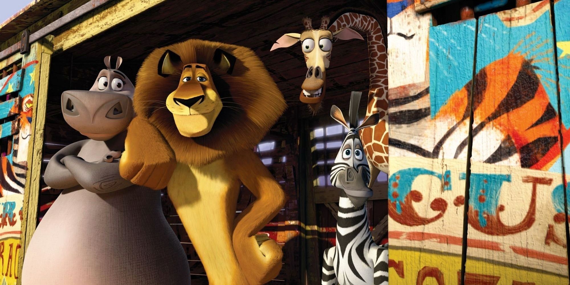 Alex, Marty, Gloria and Melman stand in a circus car in Madagascar 3: Europe's Most Wanted (2012)