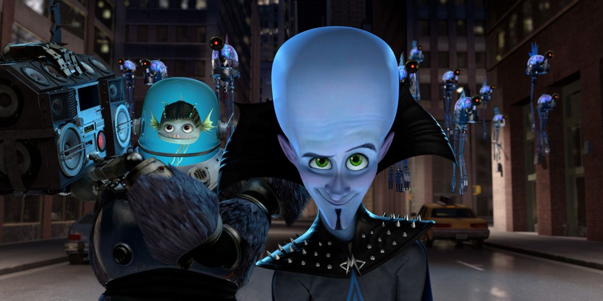 Megamind and Minion victory walking through the streets of Metro City.