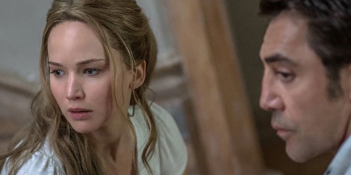 Jennifer Lawrence as Mother looking off camera in concern in mother!