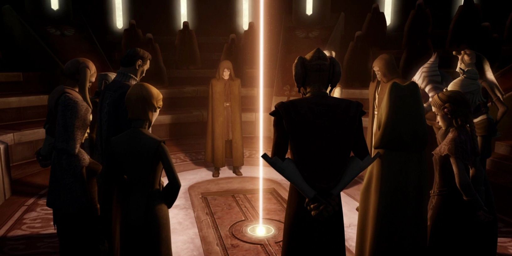 Jedi Masters stand around the casket of Obi-Wan Kenobi. Anankin Skywalker stands at the center, wearing a hooded brown cloak.