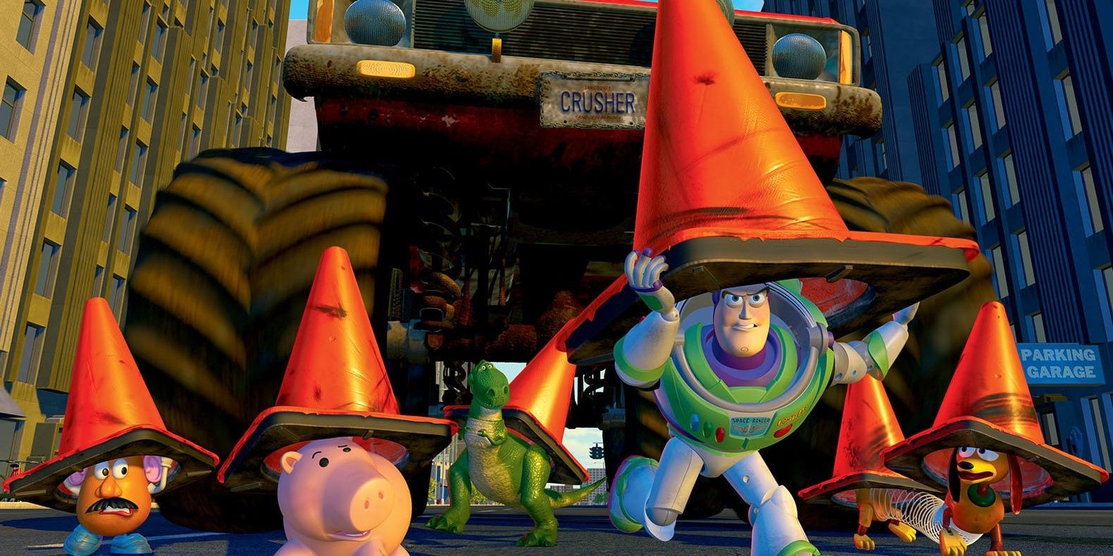 Mr. Potato Head, Hamm, Slinky Dog, Rex, and Buzz Lightyear run with cones on their heads in Toy Story 2