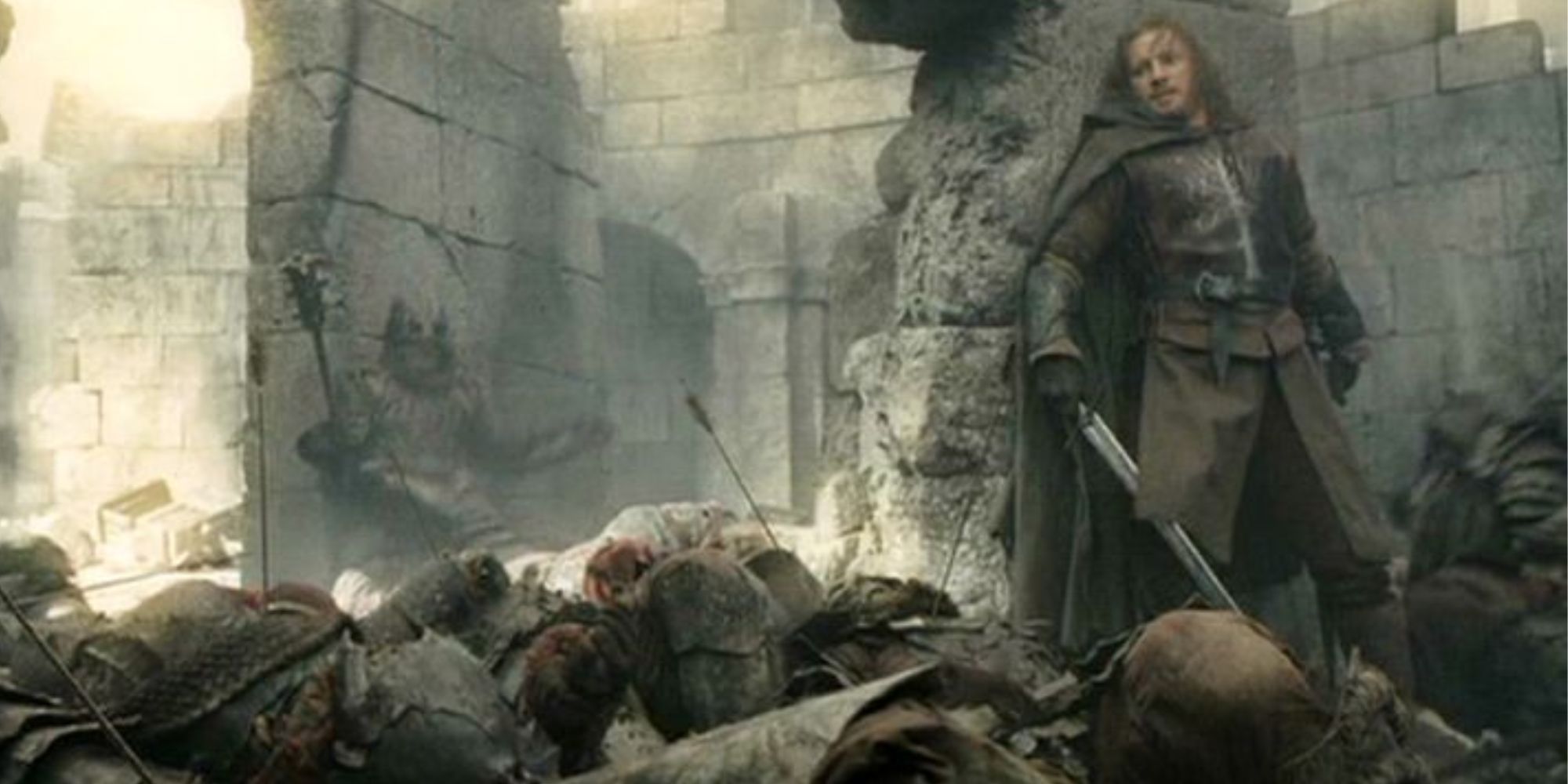 Faramir (David Wenham) takes cover from an onslaught of orcs
