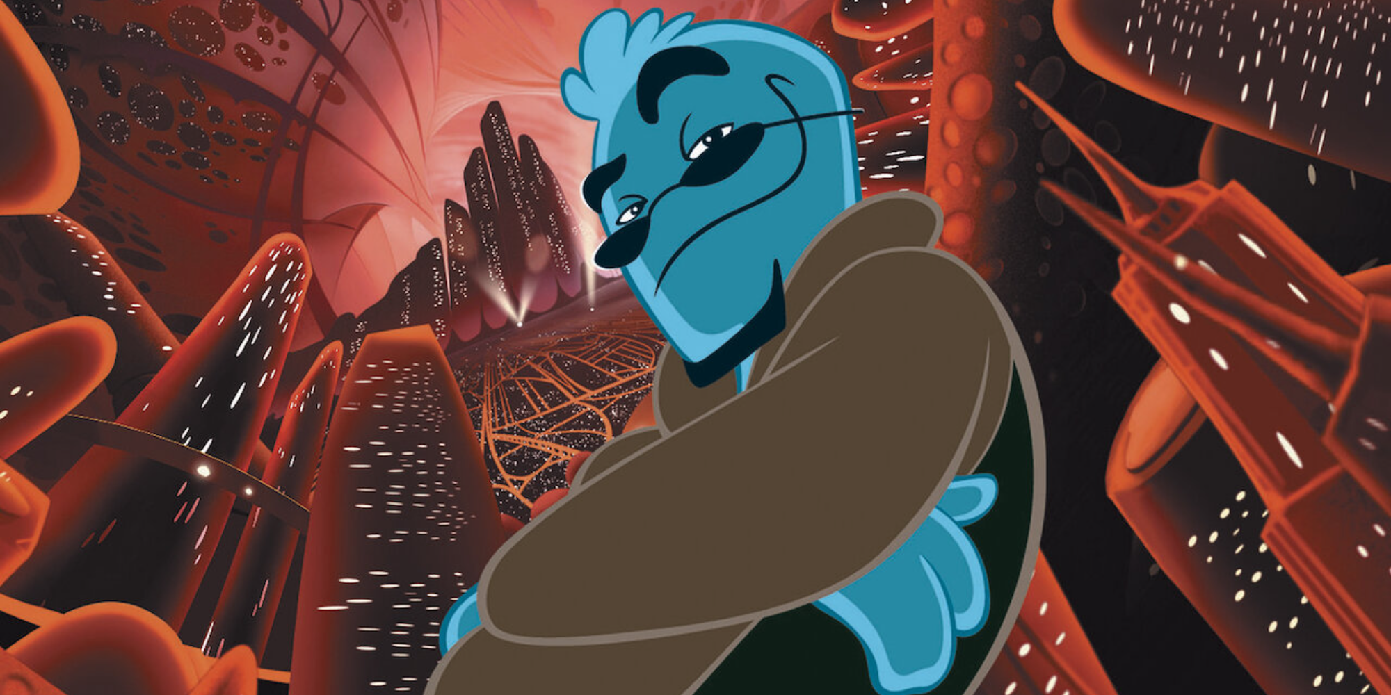 osmosis jones poses in front of the city behind him
