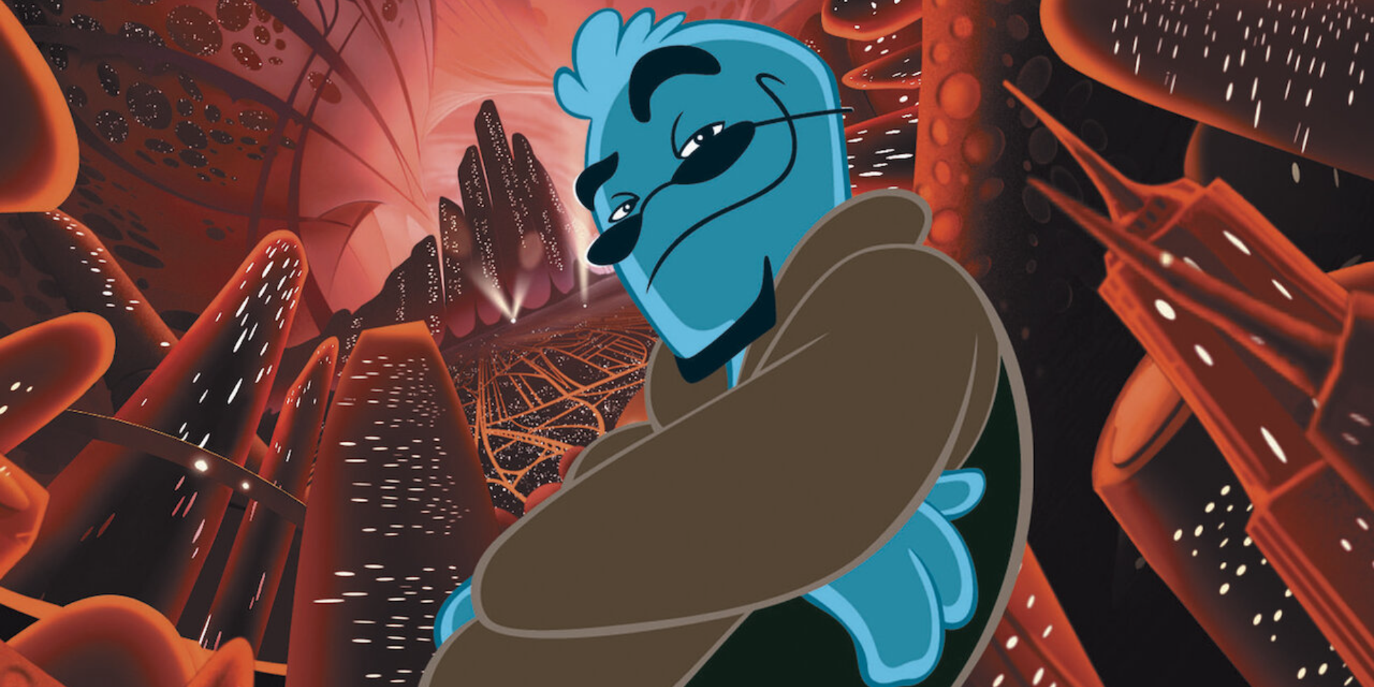 Osmosis Jones (voiced by Chris Rock ) poses in front of the city behind him in the movie Osmosis Jones