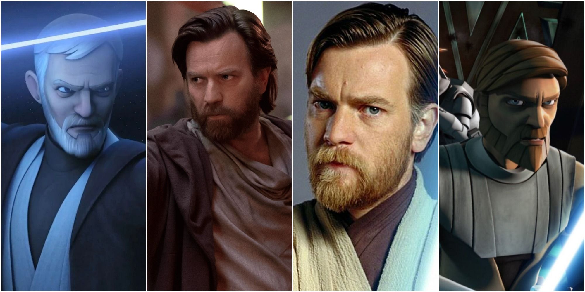 Four images of Obi-Wan Kenobi as he is seen in Rebel, Kenobi series, Revenge of the Sith, and The Clone Wars