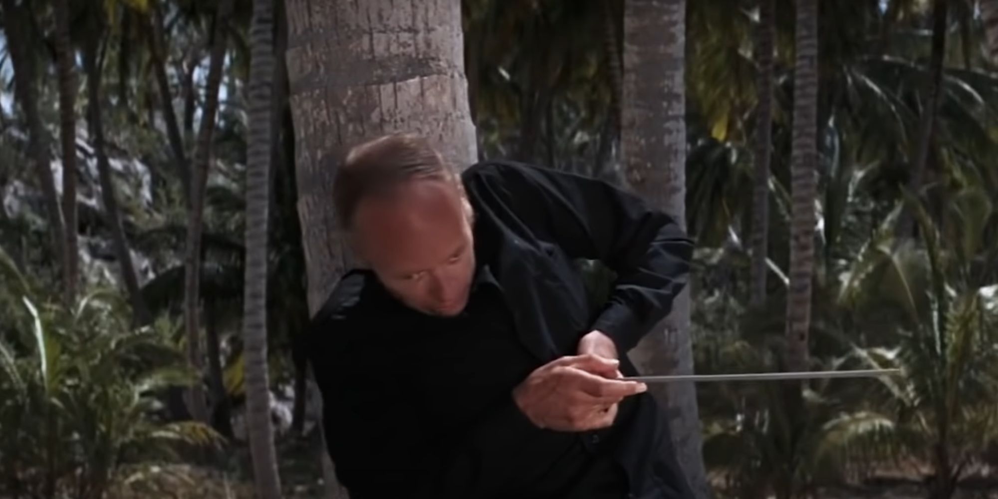 An assassin is impaled by a harpoon and pinned to a tree