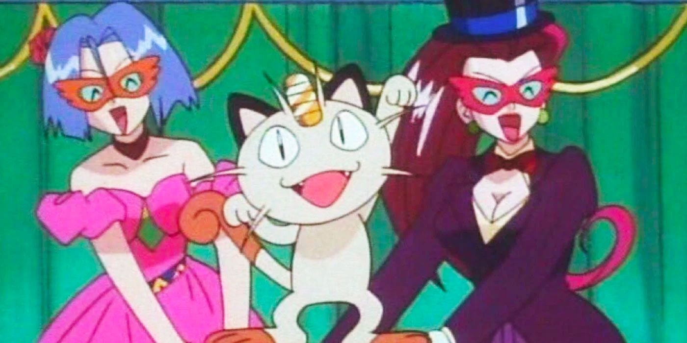 Team Rocket wearing disguises and smiling in Pokémon.